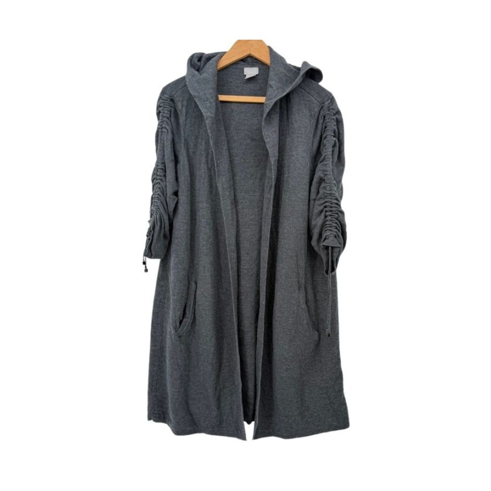 Chicos Cardigan Sweater Gray Ruched Sleeve Hooded Knit Goblin Core Jacket Sz LG